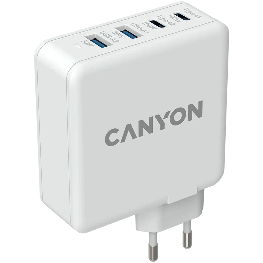 CANYON H-100, GAN 100W charger Input:100V-240V Output: USB-C1/C2: 5V 3A, 9V 3A, 12V 3A, 15V 3A, 20V 5A USB-A