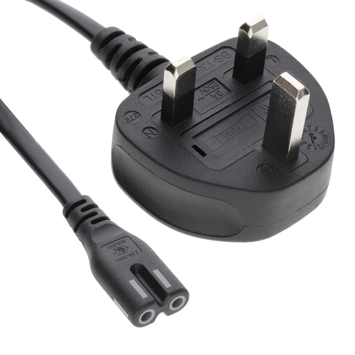 UK 3-pin plug to Figure 8 (C7) power cable, 0.75mm2, black