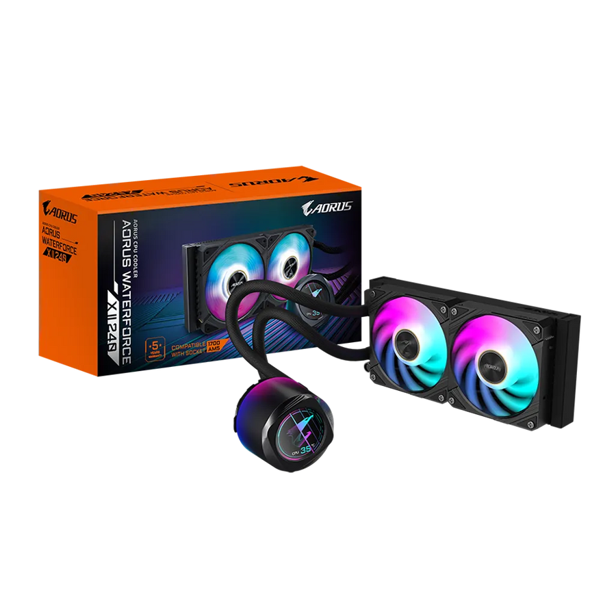 Gigabyte AORUS Waterforce X II 240 AIO Liquid CPU Cooler Black 240mm LCD Display ARGB Fans LGA1851 AM5 6-Year