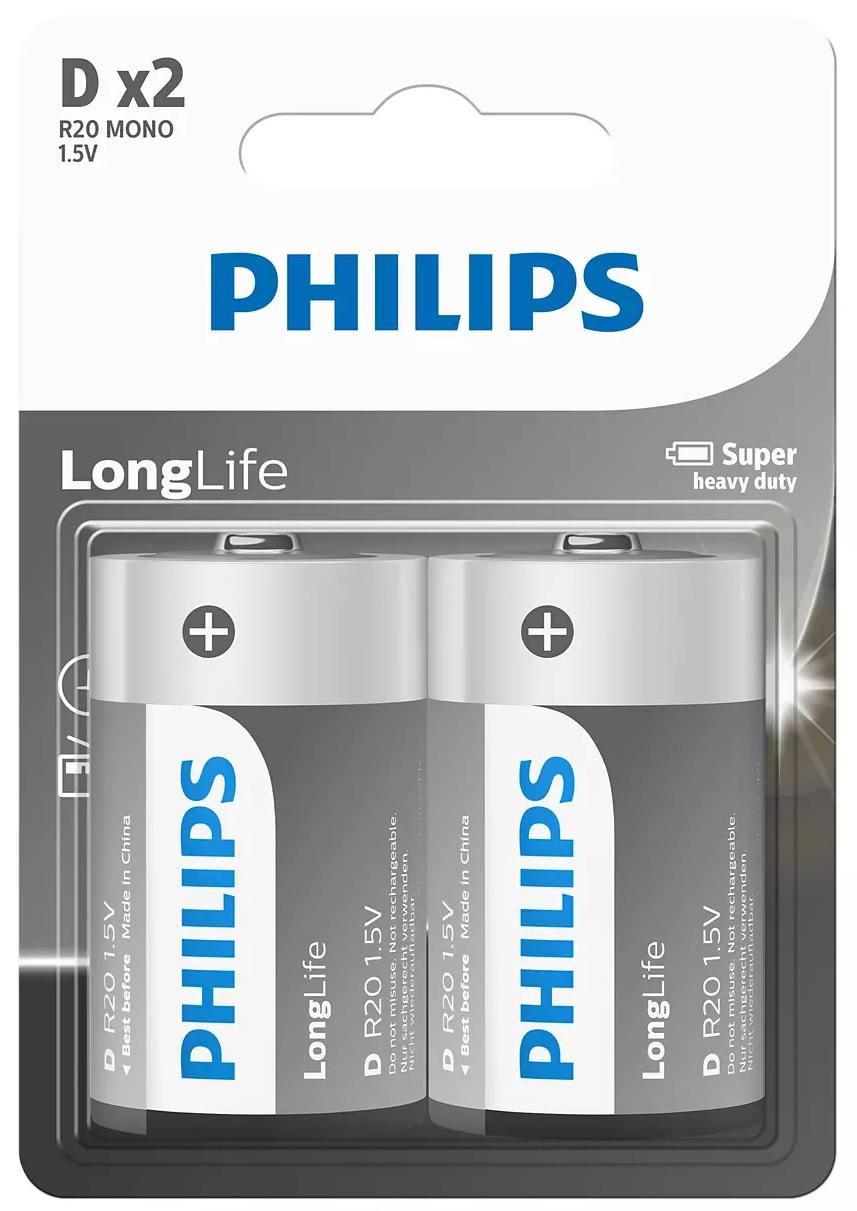 Philips Longlife Battery D 2 Pack
