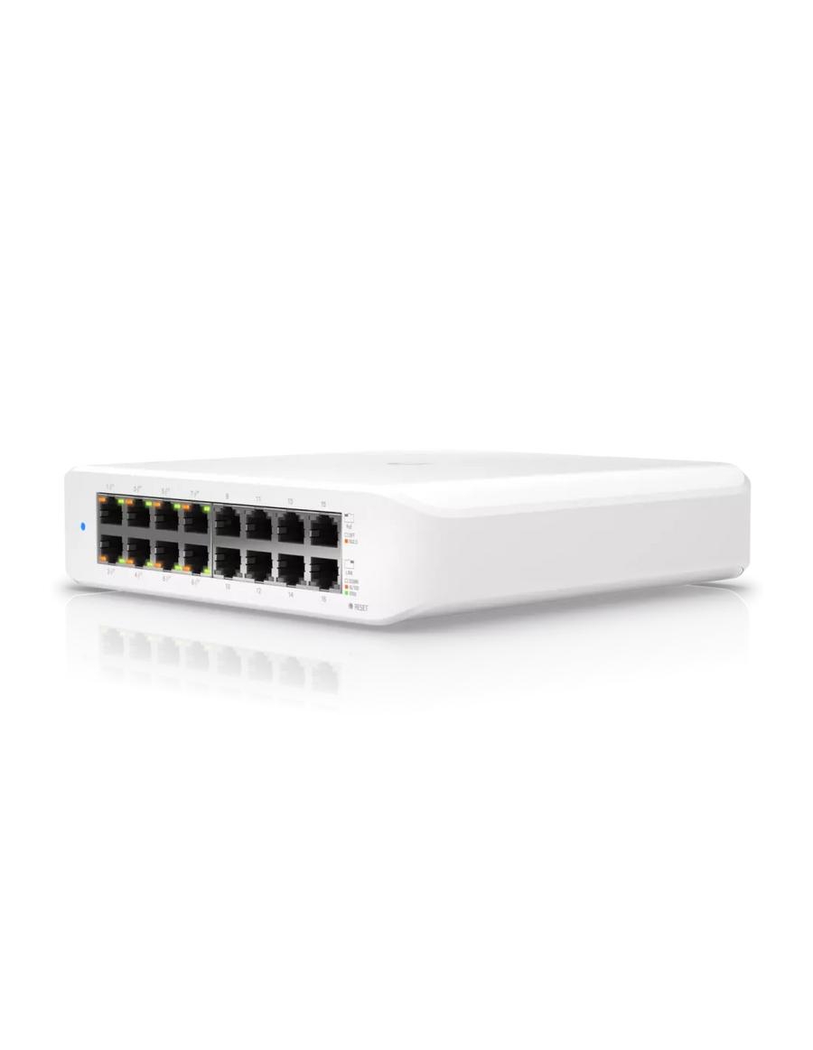 UBIQUITI Lite 16 PoE; (8) GbE PoE+, (8) GbE ports; 45W total PoE availability; Wall mountable.