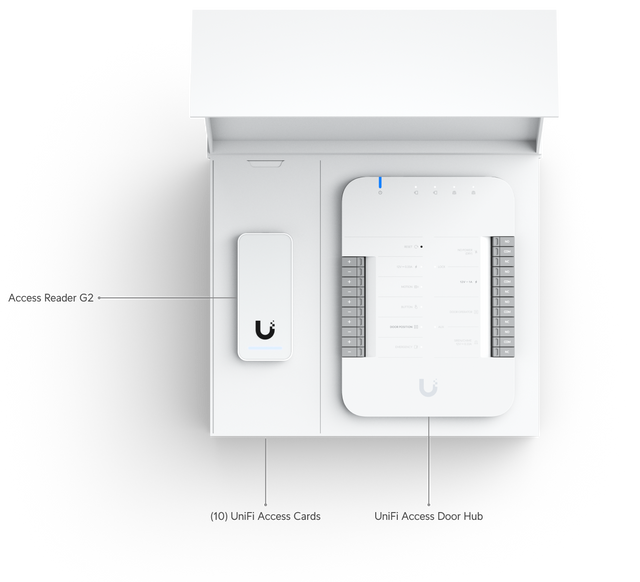 Ubiquiti quick start for Access with all you need for one door with one reader,  Door Hub, G2 Reader, 10 x