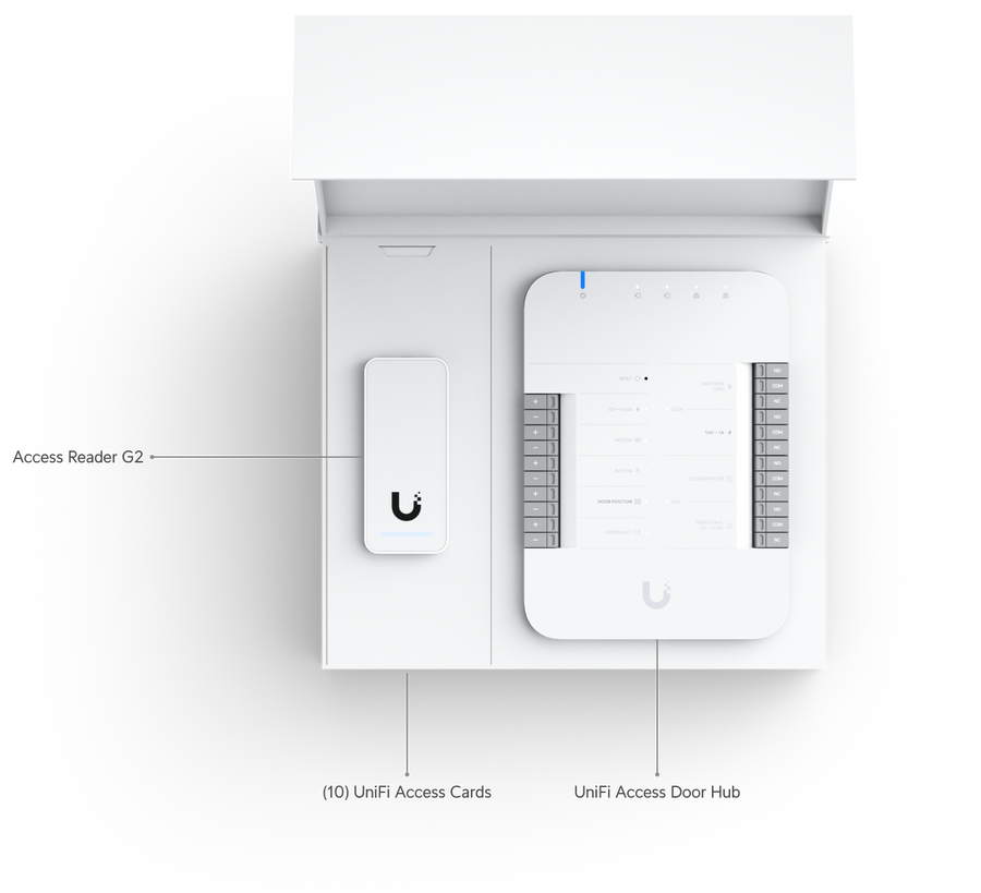Ubiquiti quick start for Access with all you need for one door with one reader,  Door Hub, G2 Reader, 10 x