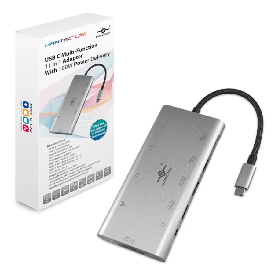 Vantec Link 11-in-1 USB-C Multifunction Hub HDMI VGA USB 3.1 RJ45 SD MicroSD 100W PD