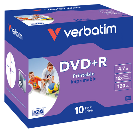 VERBATIM DVD+R 16X Printable Jewel Case 4.7GB - 10 Pack