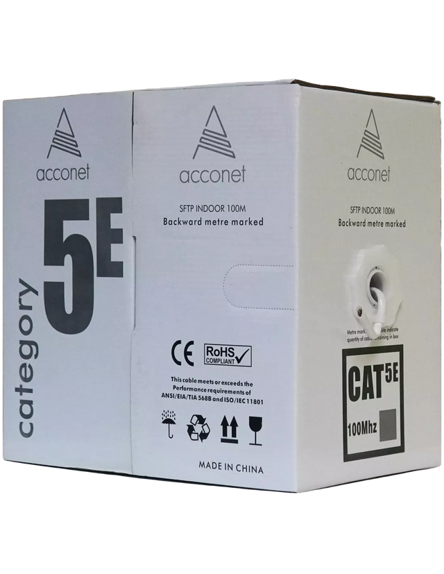 Acconet CAT5e Indoor Ethernet Cable 100m White Solid Copper STP Pull Box | CAT5-100-SC-STP