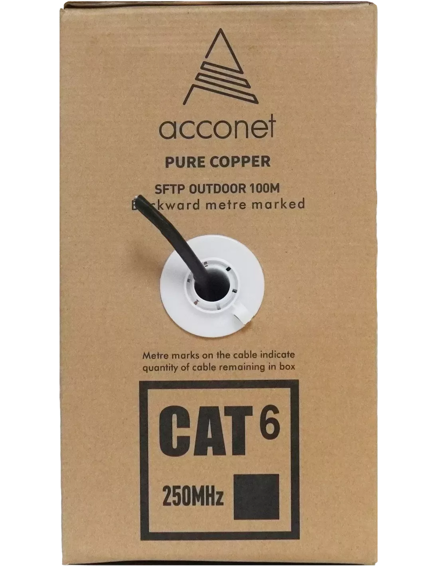 Acconet CAT6 UV Outdoor Ethernet Cable 100m Black Solid Core SF/TP Pull Box