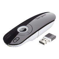 Targus Wireless Presenter With Laser Pointer, lear & intuitive layout, 2.4 GHz wireless technology operates up to 15 metres away, USB port required; True plug-and-play device, no drivers required; PC/Mac and netbook compatible