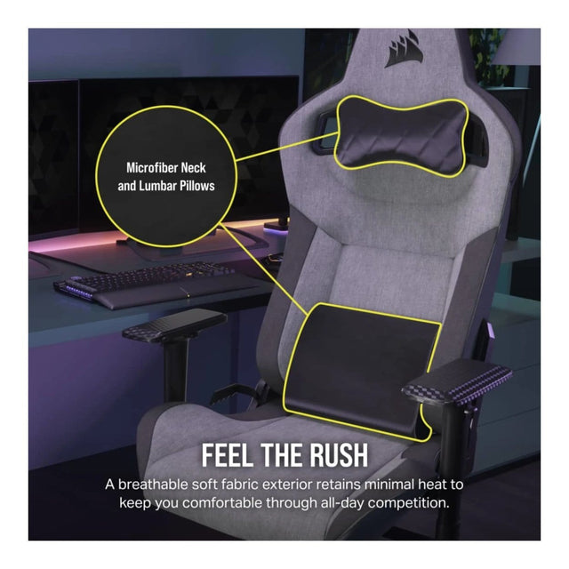 Corsair T3 Rush Gaming Chair Soft Fabric Memory Foam Lumbar Support (Charcoal/Grey)