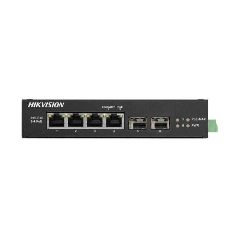 Hikvision L2 Hardened, Unmanaged, 4 Gigabit RJ45 PoE ports, 2 Gigabit SFP uplink ports, 802.3af/at/bt, port 1 support Hi-PoE 60w, PoE power budget 60W