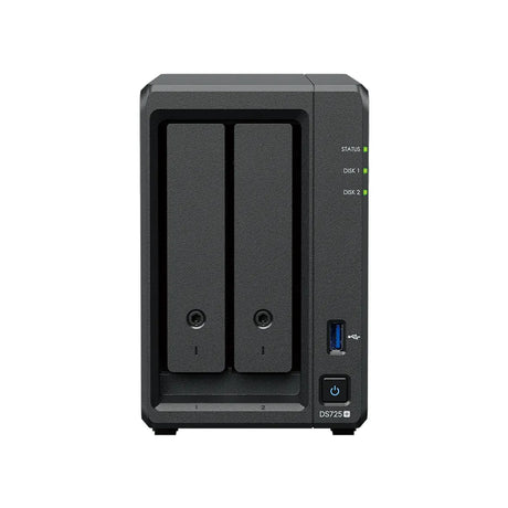 Synology DS725+ 2 Bay NAS AMD Ryzen R1600 2C CPU 4 GB DDR4 ECC SODIMM (2 RAM slots) 1 x RJ-45 1GbE