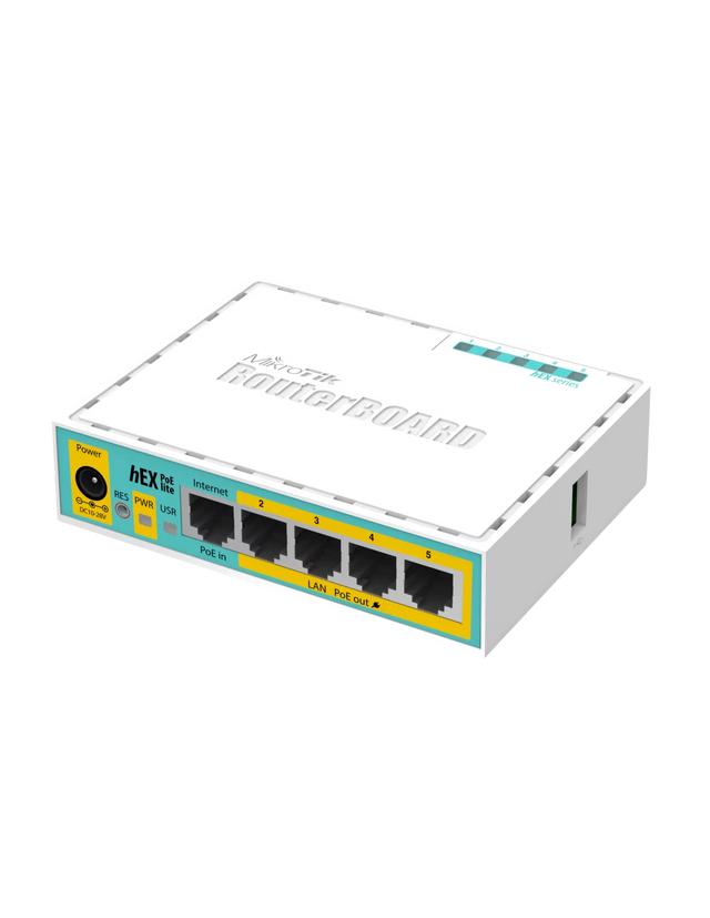 MikroTik hEX PoE Lite - Desktop PoE Router with 5 10/100 LAN ports and 1 USB port