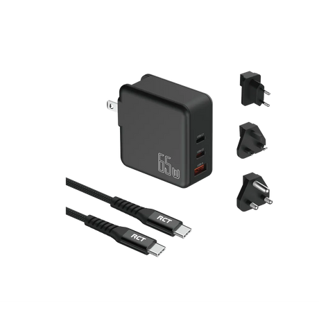 RCT 65W GaN Fast Charging Travel Kit, Travel Adapter + (EU+UK+SA) Plug & Fast Charging Cable