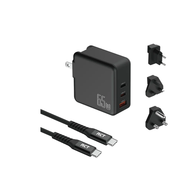 RCT 65W GaN Fast Charging Travel Kit EU UK SA Adapter Plugs and Cable
