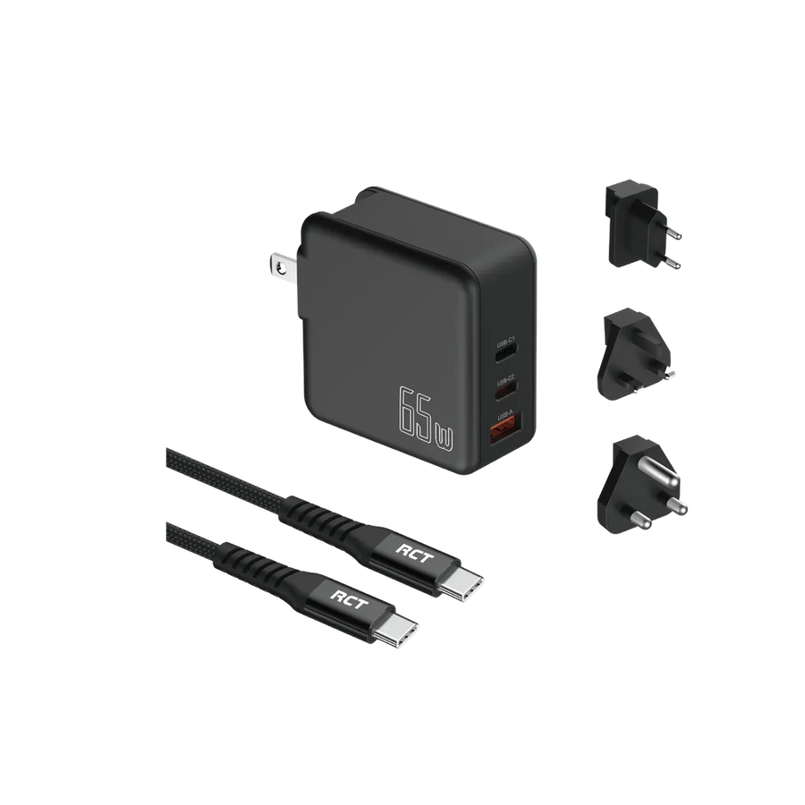 RCT 65W GaN Fast Charging Travel Kit EU UK SA Adapter Plugs and Cable