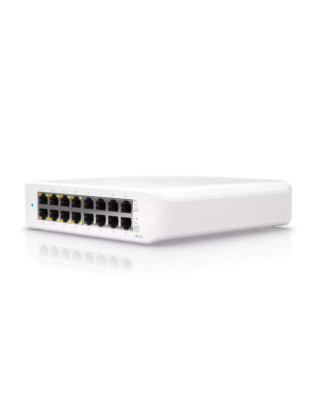 UBIQUITI Lite 16 PoE; (8) GbE PoE+, (8) GbE ports; 45W total PoE availability; Wall mountable.
